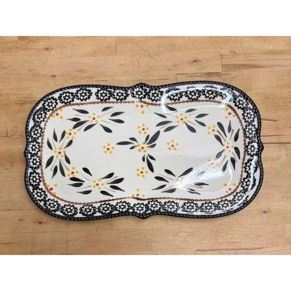 Temp-tations Old World Serving Platter Black Cream Oval Rectangular Ceramic Tray